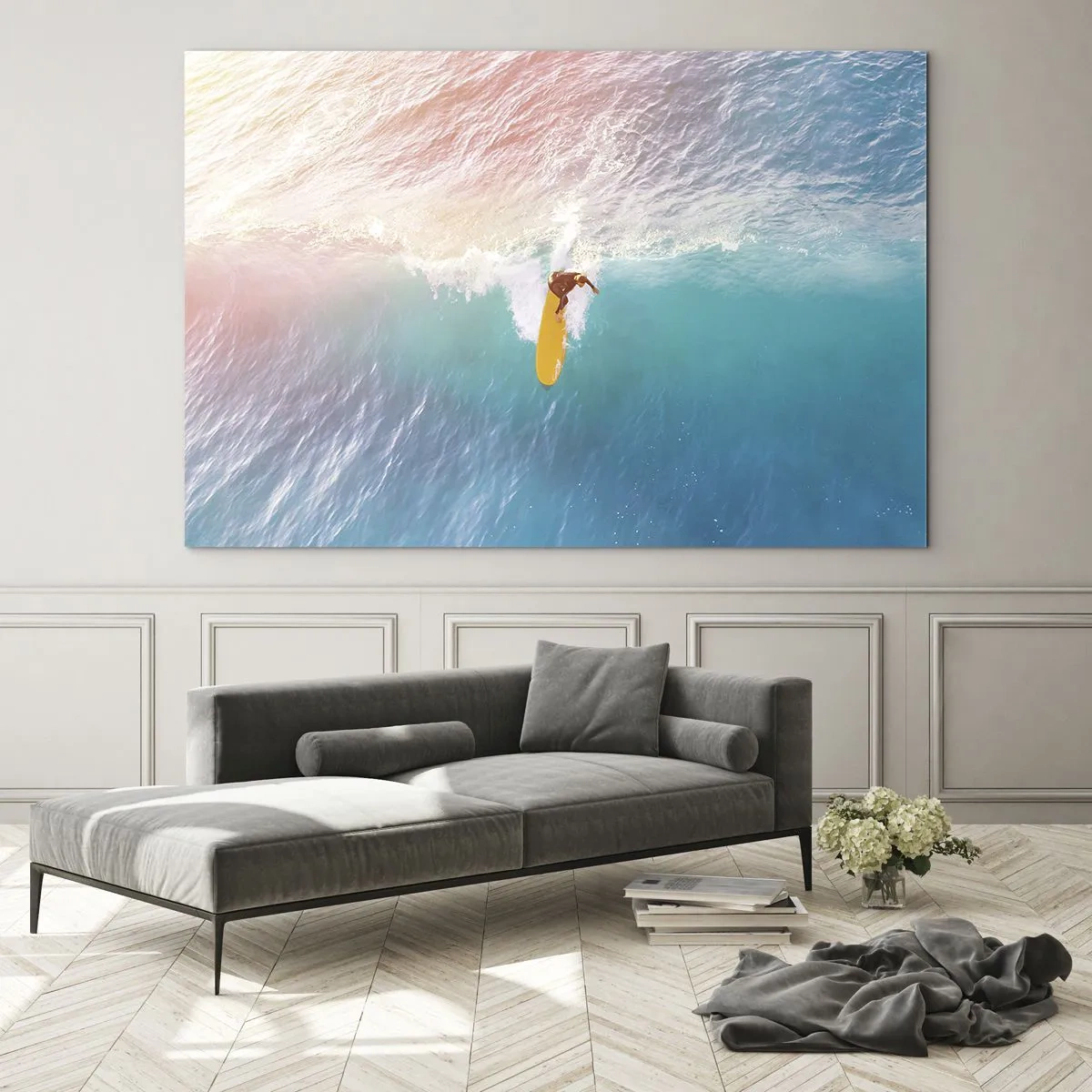 Glastavla - Bild på glas - Surfare som rider på en våg i det turkosa havet - 70x50cm - Havsryttare - Modern väggdekoration för vardagsrum och sovrum ARTTOR