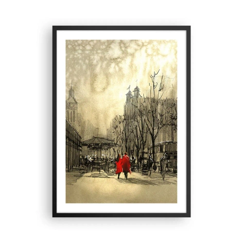 Affisch i svart ram - En figur i röd rock mot bakgrund av en vinterstad - 50x70cm - Träff i London-dimman  - Modern väggdekoration för vardagsrum och sovrum ARTTOR