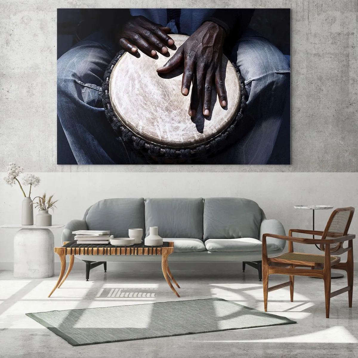 Glastavla - Bild på glas - Närbild av händer som spelar en djembetrumma - 70x50cm - Lev efter din rytm - Modern väggdekoration för vardagsrum och sovrum ARTTOR