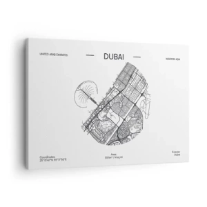 Canvastavla - Bild på duk - En minimalistisk svartvit karta över Dubai med platsmarkeringar. - 70x50cm - Dubais anatomi - Modern väggdekoration för vardagsrum och sovrum ARTTOR