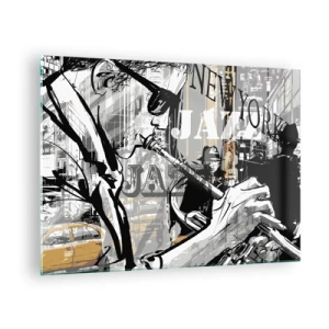 Glastavla - Bild på glas - En snygg teckning av en jazzmusiker som spelar trumpet i en New York-miljö. - 70x50cm - I New Yorks rytm - Modern väggdekoration för vardagsrum och sovrum ARTTOR