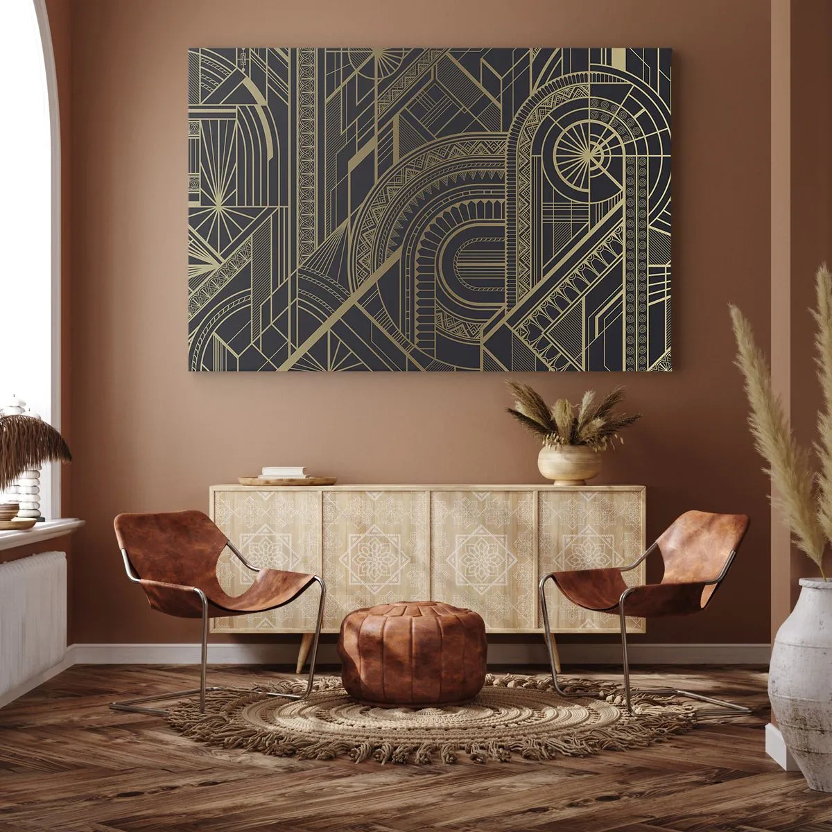 Canvastavla - Bild på duk - Gyllene geometriska mönster på svart bakgrund i art déco-stil - 70x50cm - Koncept, idéer, planer - Modern väggdekoration för vardagsrum och sovrum ARTTOR
