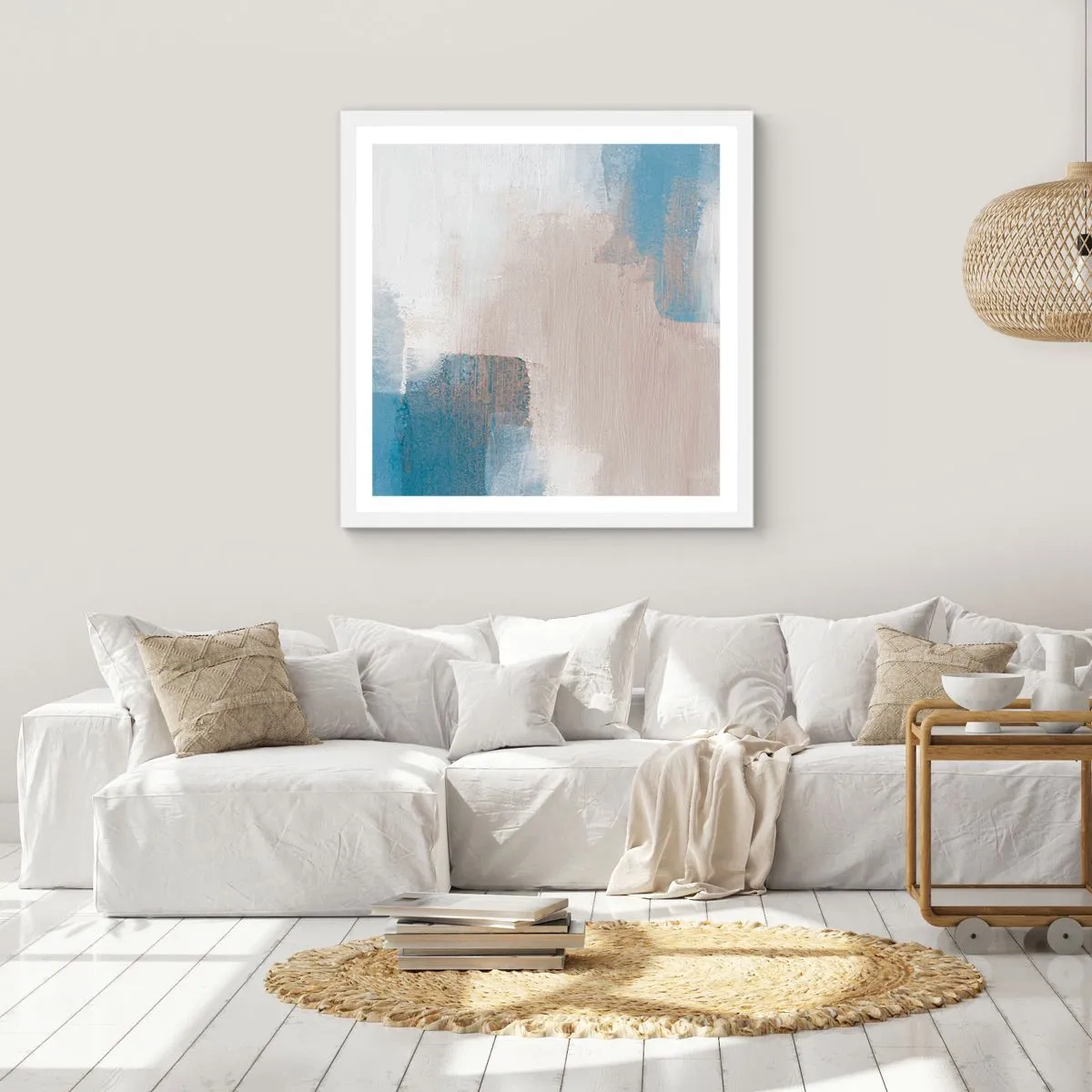 Affisch i vit ram - Rosa abstraktion bakom en blå slöja - 30x30 cm