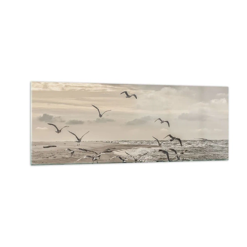 Glastavla - Bild på glas - Havets brus, fågelsång - 140x50 cm