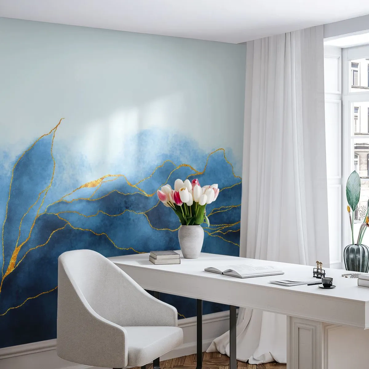 Fototapet Standard Eco - Blått i guld - Lyx, Glamour, Abstraktion - 400x280 cm