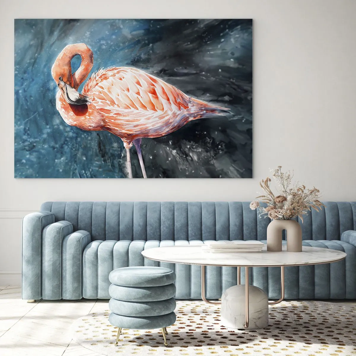 Glastavla - Bild på glas - En rosa flamingo mot en blå akvarellbakgrund - 70x50cm - Dekorativt till sin natur - Modern väggdekoration för vardagsrum och sovrum ARTTOR