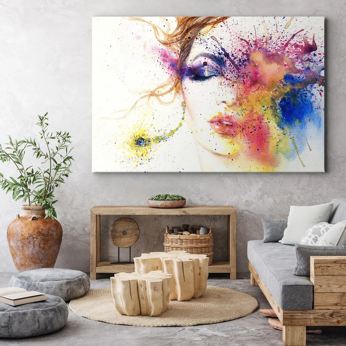 Canvastavla - Bild på duk - Ett konstnärligt porträtt av en kvinna i uttrycksfulla akvarellfärger. - 70x50cm - Regnbågsyrsel - Modern väggdekoration för vardagsrum och sovrum ARTTOR