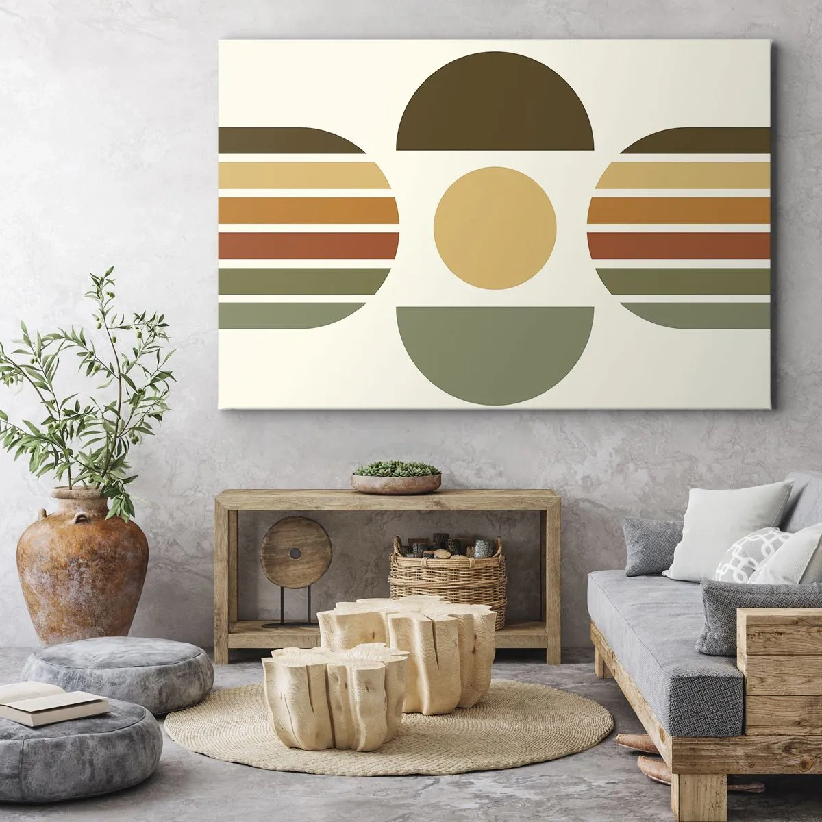 Canvastavla - Bild på duk - Geometrisk komposition med halvcirklar och ränder i jordnära toner - 70x50cm - I jordens färger - Modern väggdekoration för vardagsrum och sovrum ARTTOR