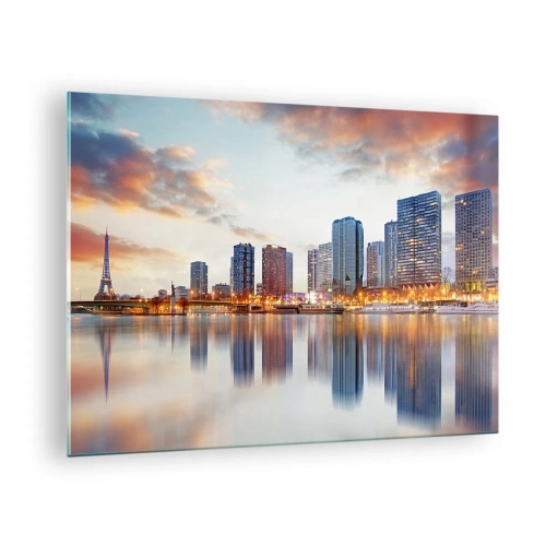Glastavla - Bild på glas - Panorama över Paris med Eiffeltornet och moderna byggnader i skymningen - 70x50cm - Paris monumentala lugn - Modern väggdekoration för vardagsrum och sovrum ARTTOR