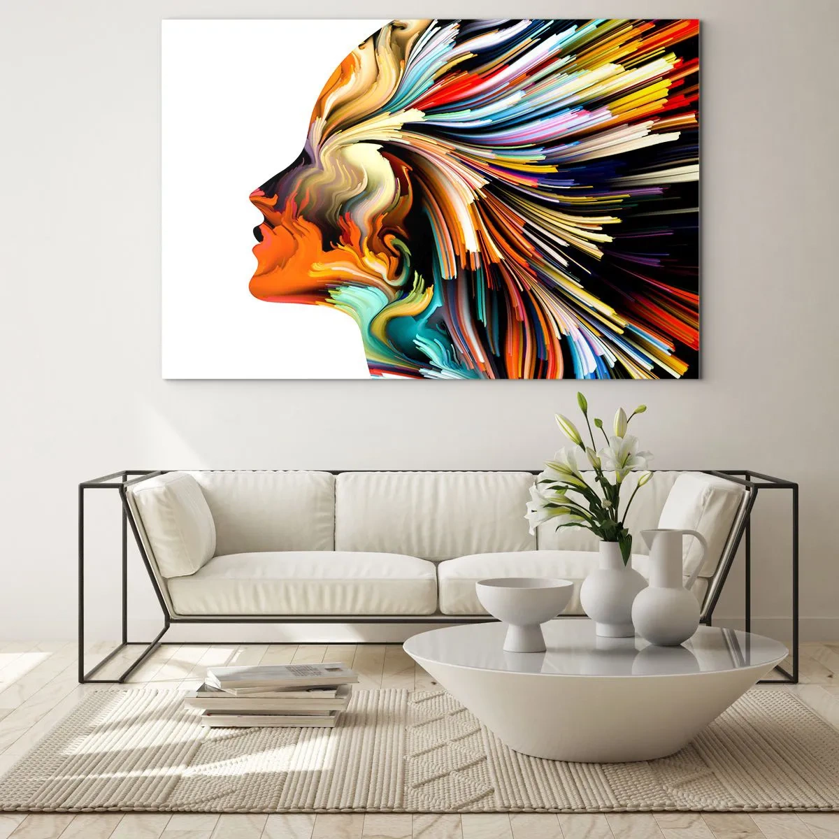 Glastavla - Bild på glas - En explosion av färg i form av en mänsklig siluett - 70x50cm - Fantasin exploderar - Modern väggdekoration för vardagsrum och sovrum ARTTOR