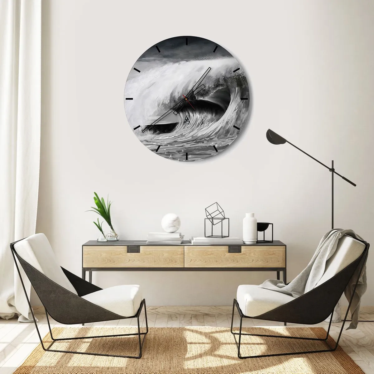 Väggklocka - Klocka på glas - En dynamisk våg i svarta och vita nyanser - 30x30cm - Havets ilska - Modern väggdekoration för vardagsrum, kök och sovrum ARTTOR