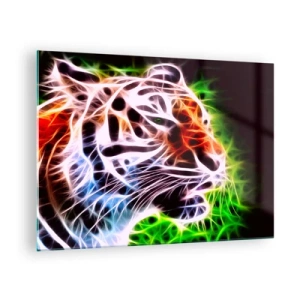 Glastavla - Bild på glas - En tiger i neonfärger, lysande färger - 70x50cm - Farlig stämning - Modern väggdekoration för vardagsrum och sovrum ARTTOR