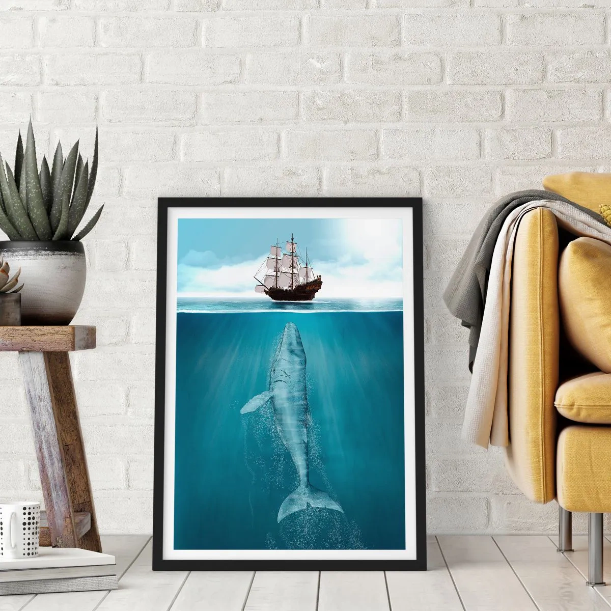Affisch i svart ram - Ett skepp på vattenytan med en val under, i en surrealistisk bild - 50x70cm - Bättre att inte veta - Modern väggdekoration för vardagsrum och sovrum ARTTOR
