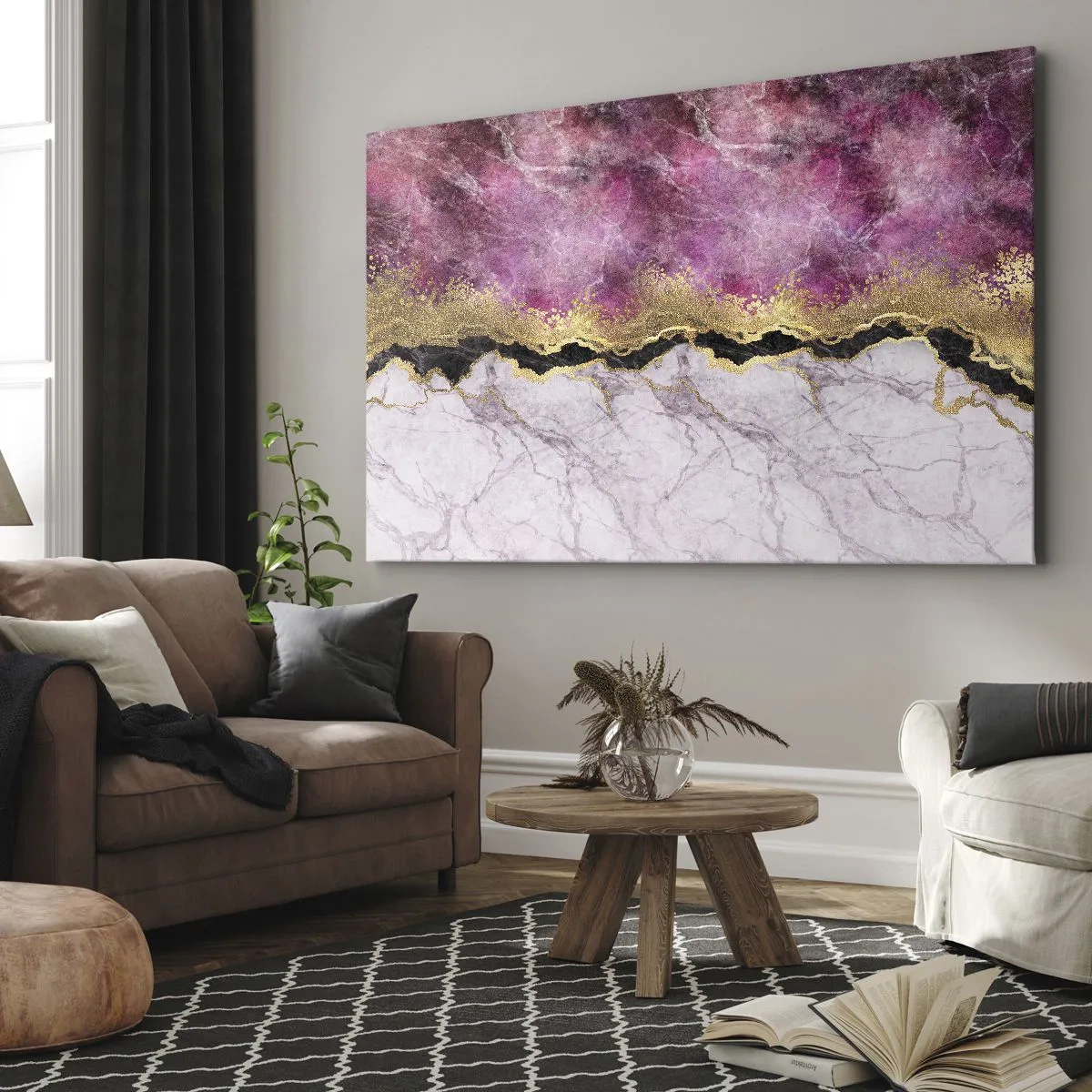 Canvastavla - Bild på duk - Abstrakt marmor i nyanser av rosa med gulddetaljer - 70x50cm - På gränsen - Modern väggdekoration för vardagsrum och sovrum ARTTOR