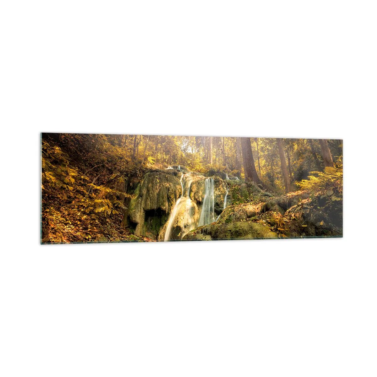 Glastavla - Bild på glas - Skogkaskad i grönt - 160x50 cm