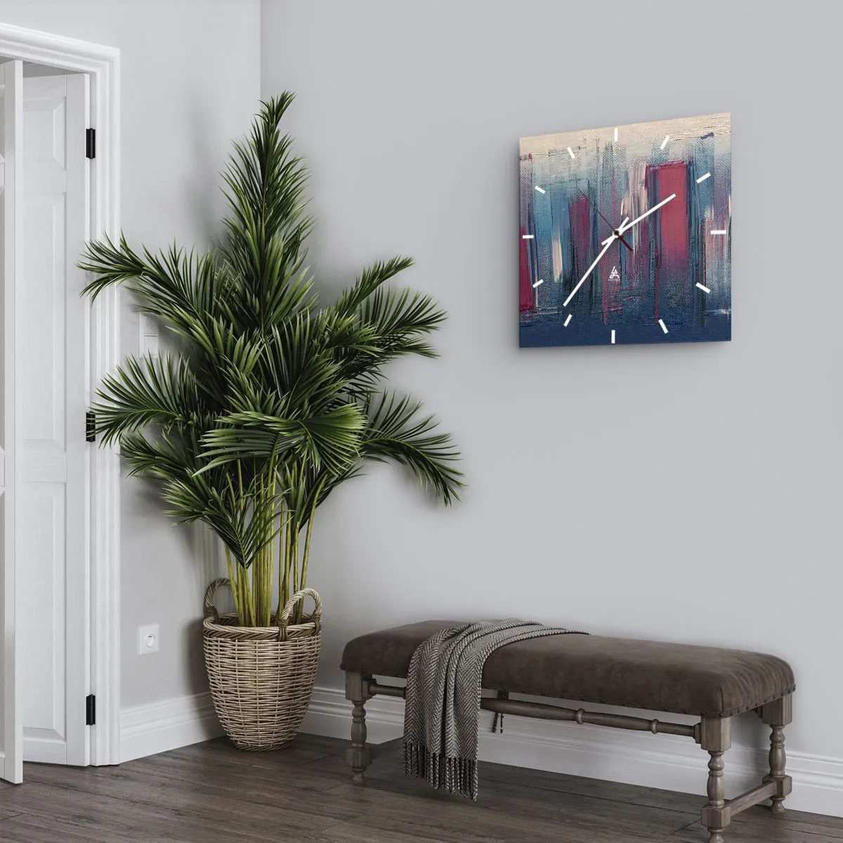 Väggklocka - Klocka på glas - Vertikal komposition i blått och rött - 40x40 cm