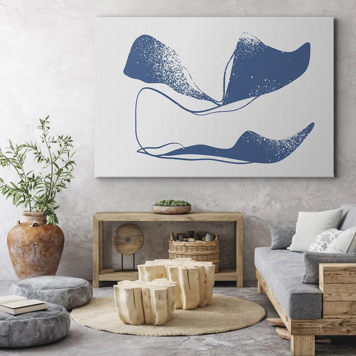Canvastavla - Bild på duk - Abstrakta former i blå nyanser på vit bakgrund - 70x50cm - Bevingad abstraktion - Modern väggdekoration för vardagsrum och sovrum ARTTOR