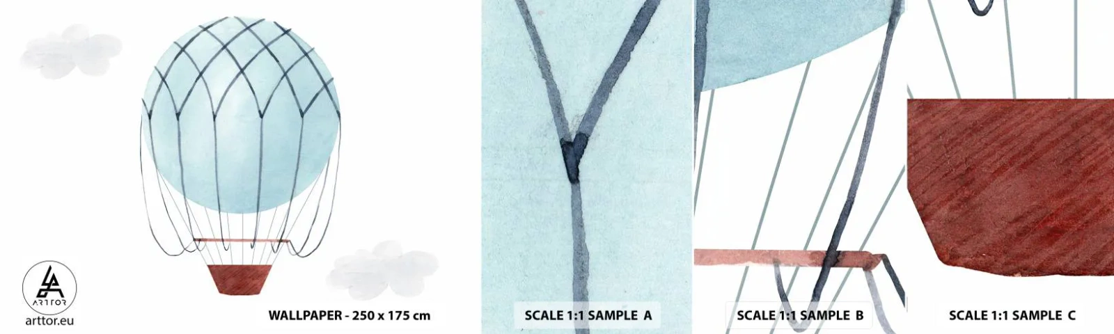 Provbit av självhäftande fototapet Deluxe Sticker - Hel i molnen - Barns, Ballong, Minimalism - 100x30 cm