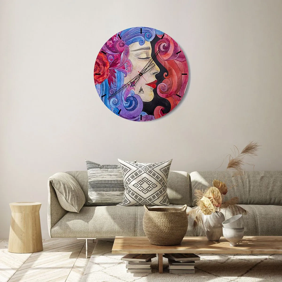 Väggklocka - Klocka på glas - Färgglatt ansikte med konstnärliga ornament - 30x30cm - Jugendstilen lever - Modern väggdekoration för vardagsrum, kök och sovrum ARTTOR