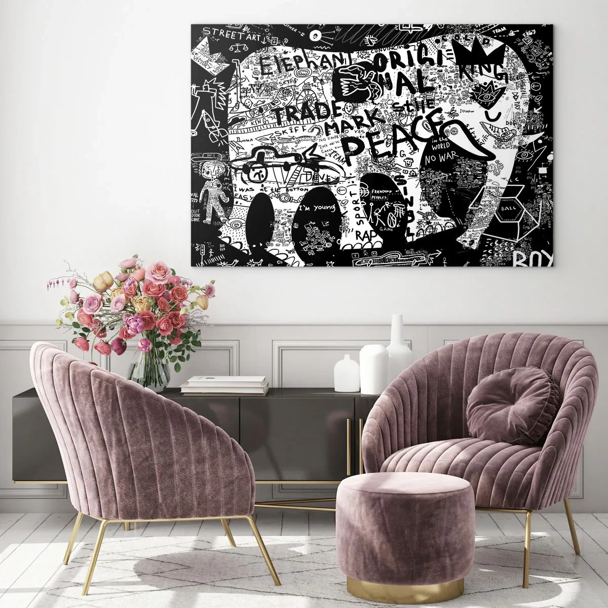 Glastavla - Bild på glas - Svartvit graffitibild med teman fred och frihet - 70x50cm - Rik gatuvärld - Modern väggdekoration för vardagsrum och sovrum ARTTOR