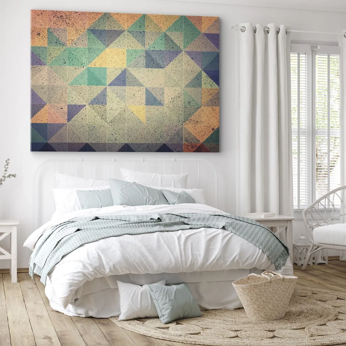 Canvastavla - Bild på duk - En färgglad komposition av geometriska trianglar i pastellnyanser. - 70x50cm - Trianglarnas republik - Modern väggdekoration för vardagsrum och sovrum ARTTOR