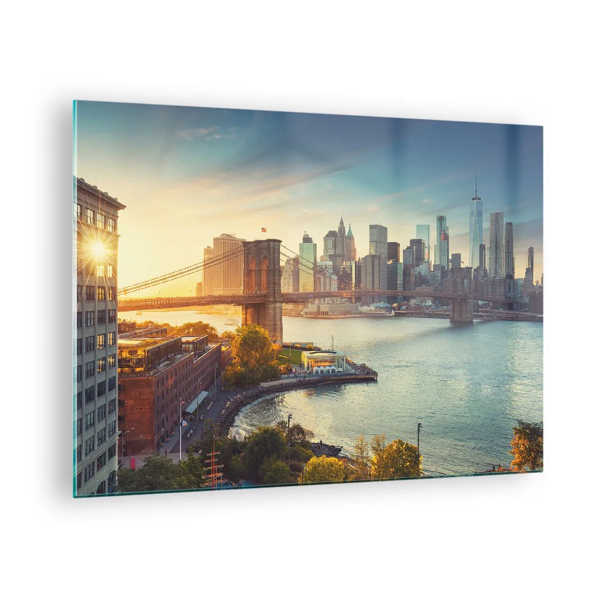 Glastavla - Bild på glas - New York City-panorama med Brooklynbron - 70x50cm - Storstadsgryning - Modern väggdekoration för vardagsrum och sovrum ARTTOR