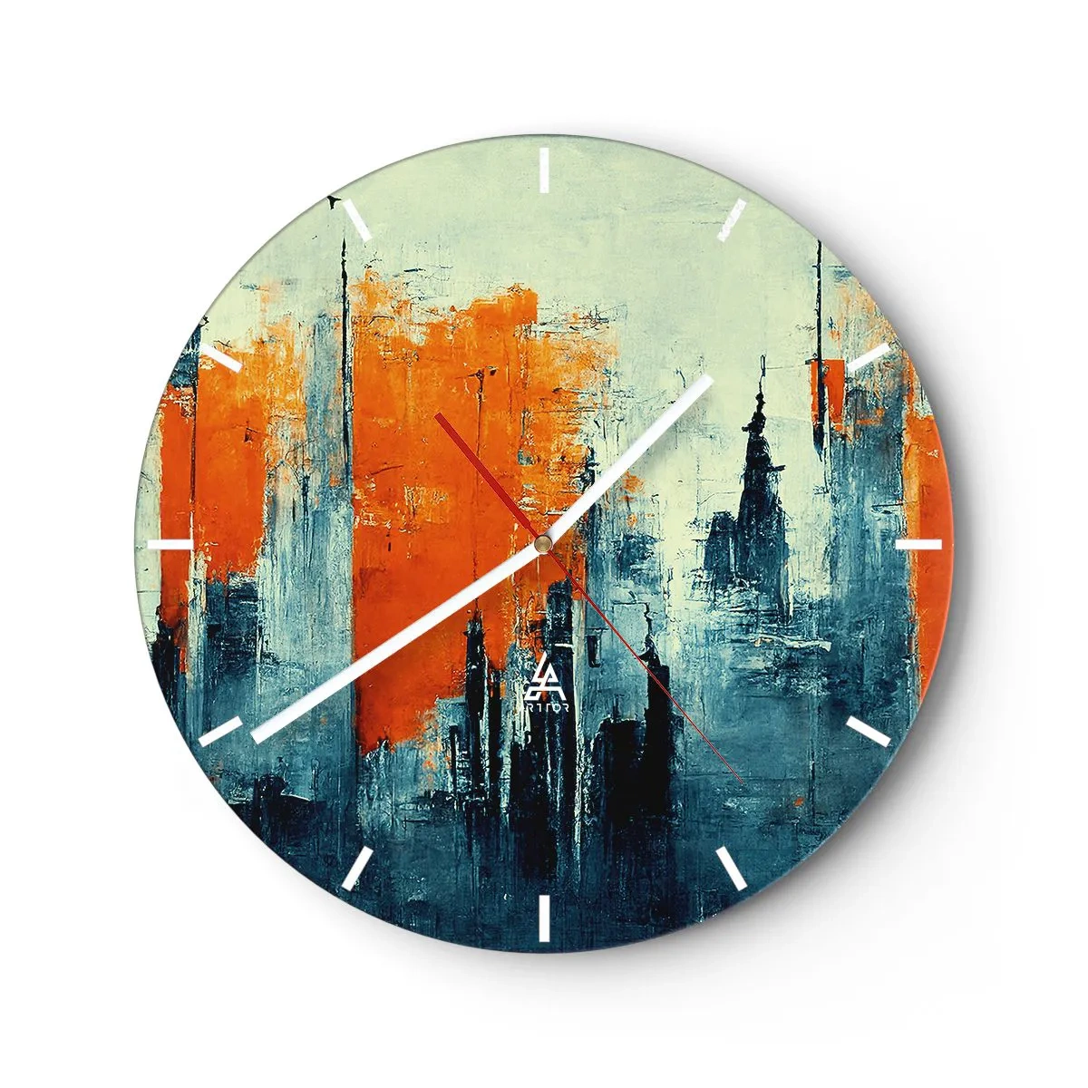 Väggklocka - Klocka på glas - Abstrakt stadspanorama i nyanser av orange och marinblått - 30x30cm - Modernt landskap - Modern väggdekoration för vardagsrum, kök och sovrum ARTTOR