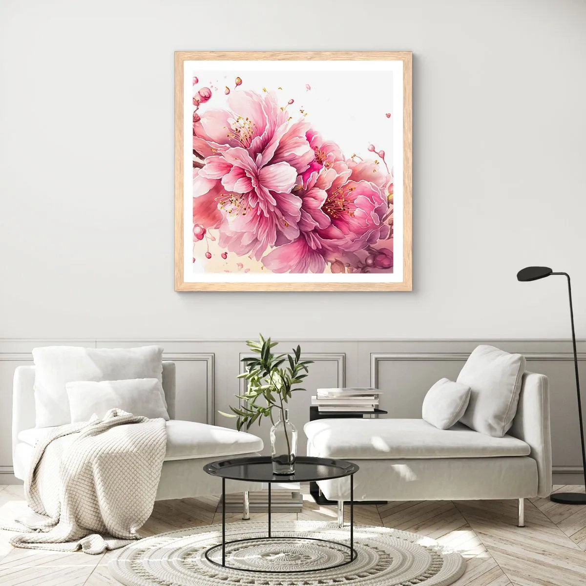Affisch i ram av ljusek - Blommande körsbärsblomma - 60x60 cm