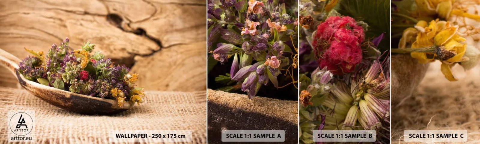 Fototapet Prov Standard Eco - Färgglada blommor och doftande örter - Natur, Torkade örter, Kök - 100x30 cm