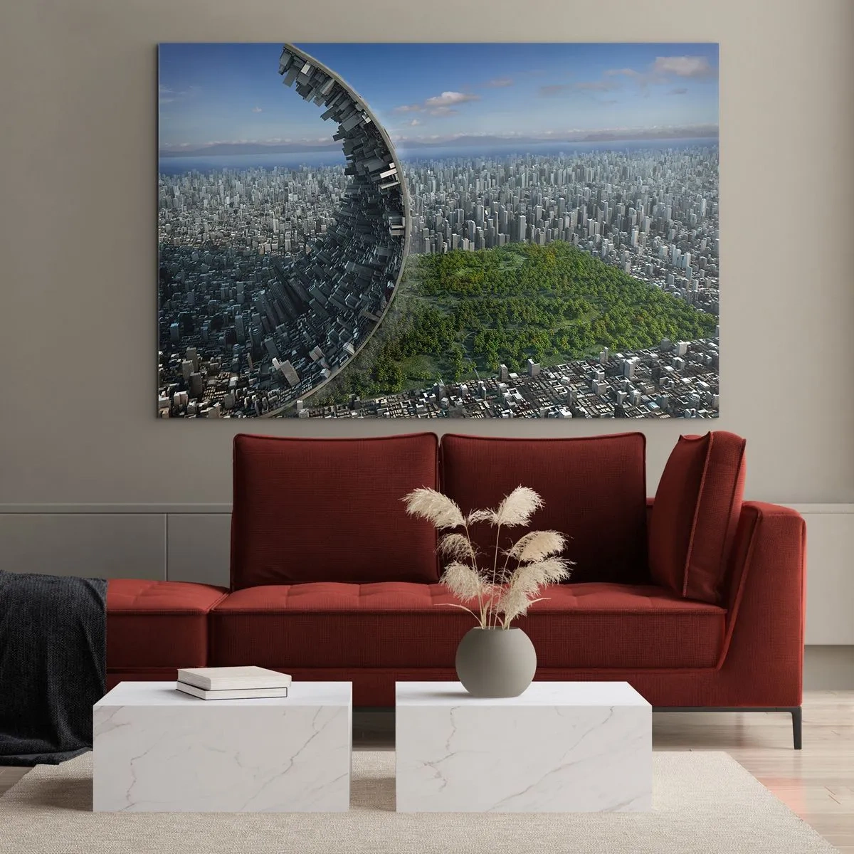Glastavla - Bild på glas - En stad med en spektakulär effekt av rymdbrytning - 70x50cm - Naturen är evig - Modern väggdekoration för vardagsrum och sovrum ARTTOR