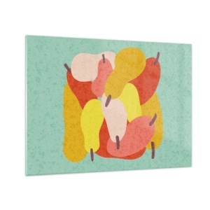 Glastavla - Bild på glas - Färgglada päron i grafisk stil mot turkos bakgrund - 70x50cm - Smaka på sommarsolen - Modern väggdekoration för vardagsrum och sovrum ARTTOR