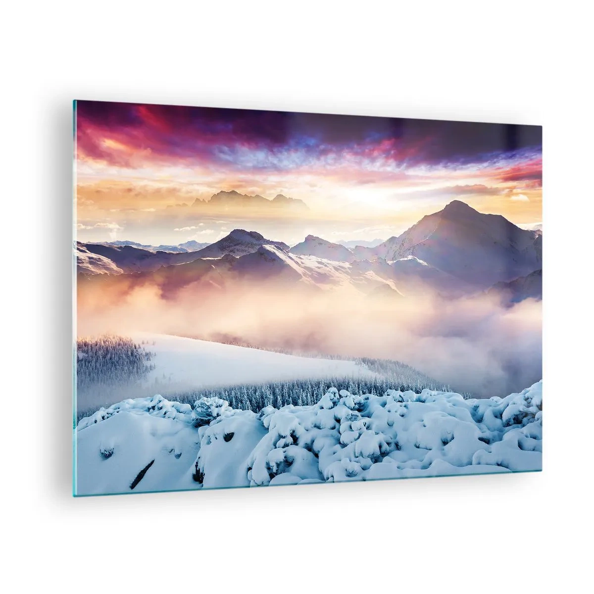 Glastavla - Bild på glas - Vinterbergslandskap med solnedgång och dimma - 70x50cm - Naturens styrka och renhet - Modern väggdekoration för vardagsrum och sovrum ARTTOR