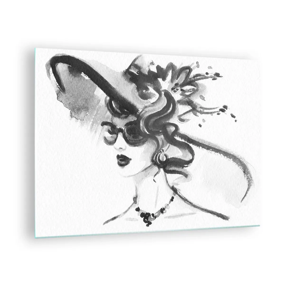 Glastavla - Bild på glas - Svartvitt porträtt av en kvinna som bär hatt - 70x50cm - Dam med karaktär - Modern väggdekoration för vardagsrum och sovrum ARTTOR