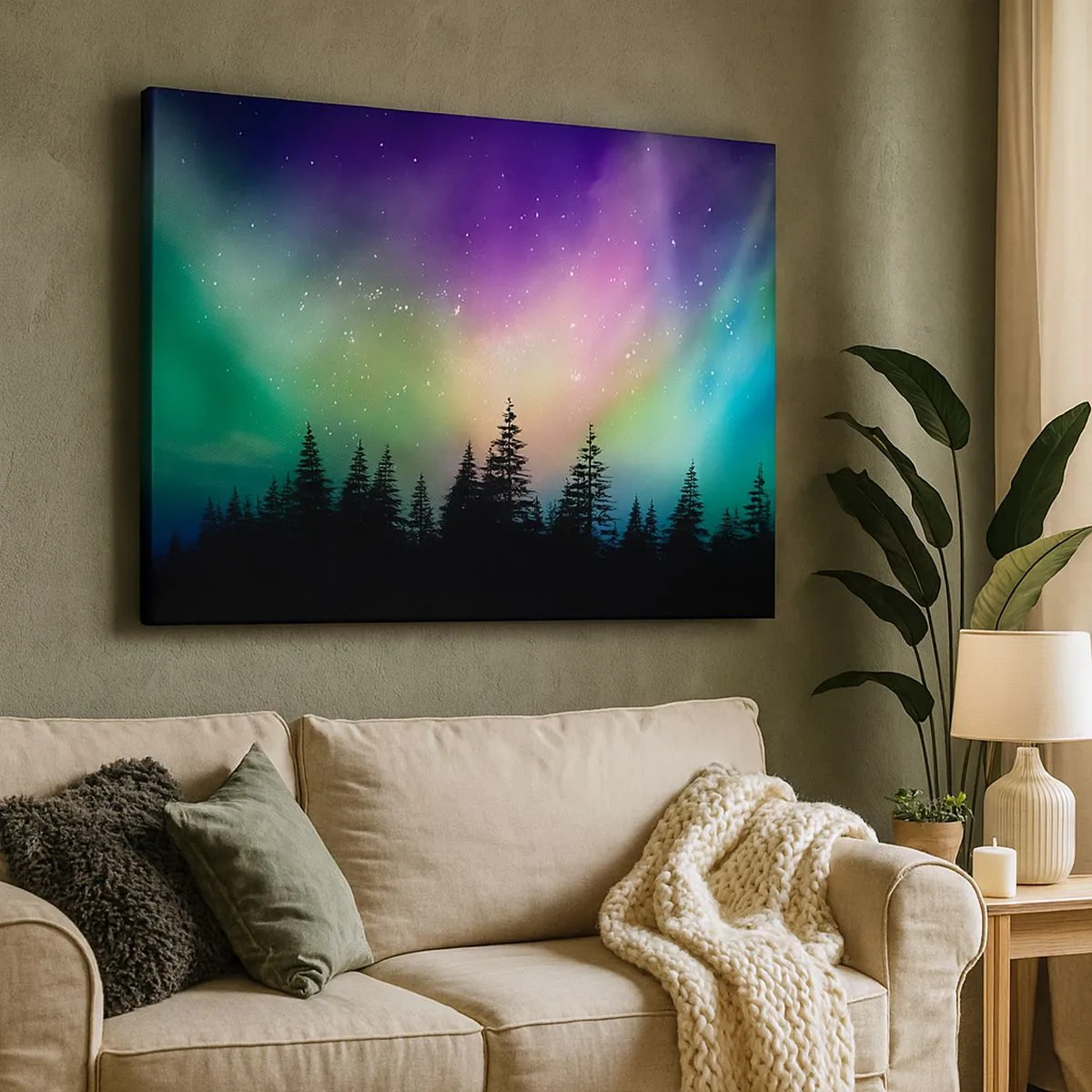 Canvastavla - Bild på duk - Aurora Borealis över en skog med stjärnhimmel - 70x50cm - Vita magin - Modern väggdekoration för vardagsrum och sovrum ARTTOR