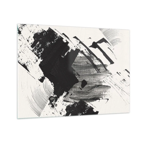 Glastavla - Bild på glas - Uttrycksfull abstraktion i svartvitt med dynamiska penseldrag. - 70x50cm - Abstraktion - uttrycket av svart - Modern väggdekoration för vardagsrum och sovrum ARTTOR
