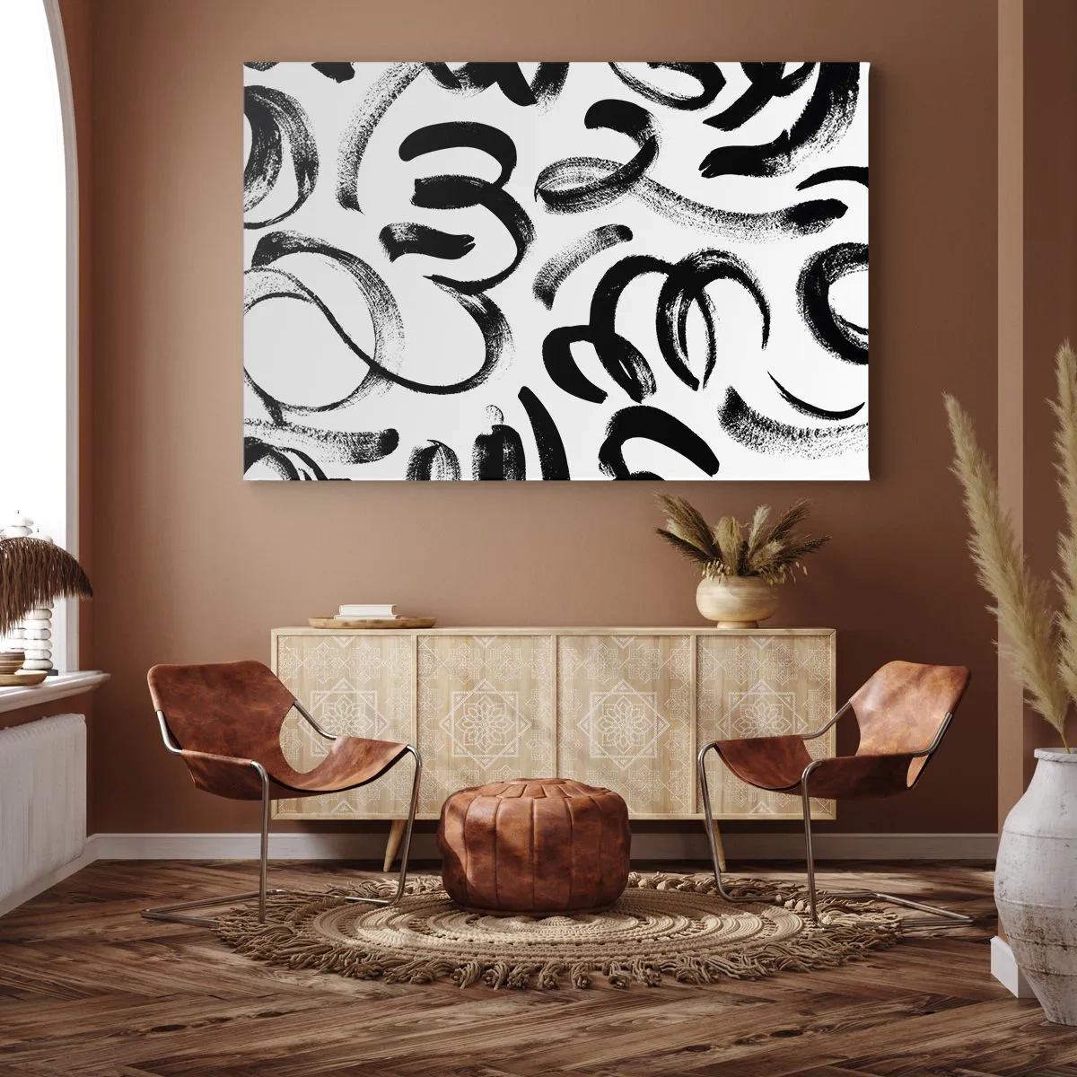 Canvastavla - Bild på duk - Svarta abstrakta penseldrag på en vit bakgrund - 70x50cm - Svart på vitt - Modern väggdekoration för vardagsrum och sovrum ARTTOR
