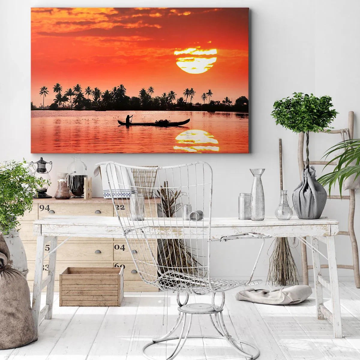 Canvastavla - Bild på duk - Tropisk solnedgång med en båt och palmer i bakgrunden - 70x50cm - Tropiskt lugn vid solnedgången - Modern väggdekoration för vardagsrum och sovrum ARTTOR