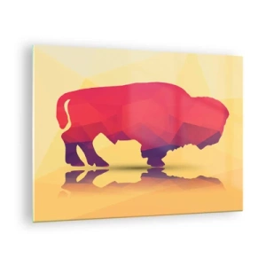 Glastavla - Bild på glas - Geometrisk bison i varma färger - 70x50cm - Visentens amaranta styrka - Modern väggdekoration för vardagsrum och sovrum ARTTOR