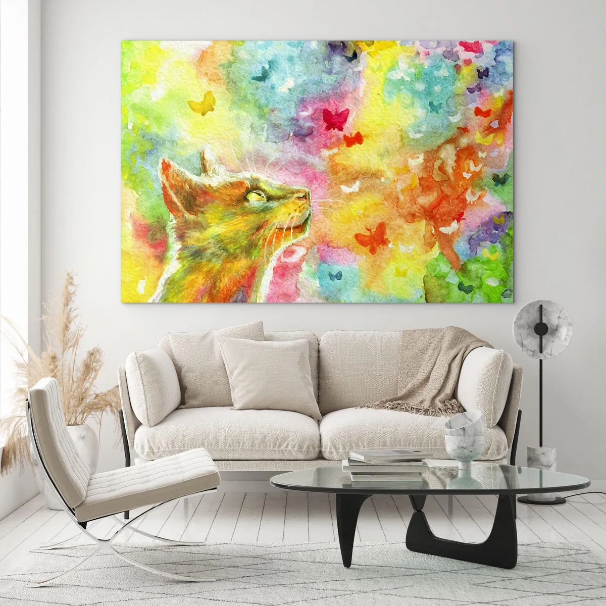 Glastavla - Bild på glas - En katt som observerar färgglada fjärilar mot en pastellbakgrund. - 70x50cm - I kattparadiset - Modern väggdekoration för vardagsrum och sovrum ARTTOR