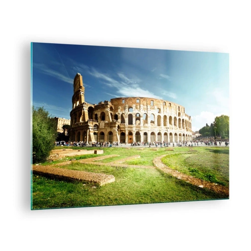 Glastavla - Bild på glas - Colosseum i Rom upplyst av solen - 70x50cm - Vapnets klang hörs fortfarande - Modern väggdekoration för vardagsrum och sovrum ARTTOR