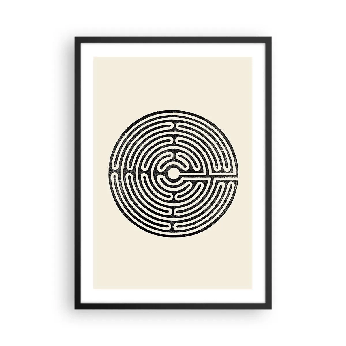 Affisch i svart ram - En minimalistisk svartvit labyrint mot en ljus bakgrund. - 50x70cm - Mystisk ordning - Modern väggdekoration för vardagsrum och sovrum ARTTOR