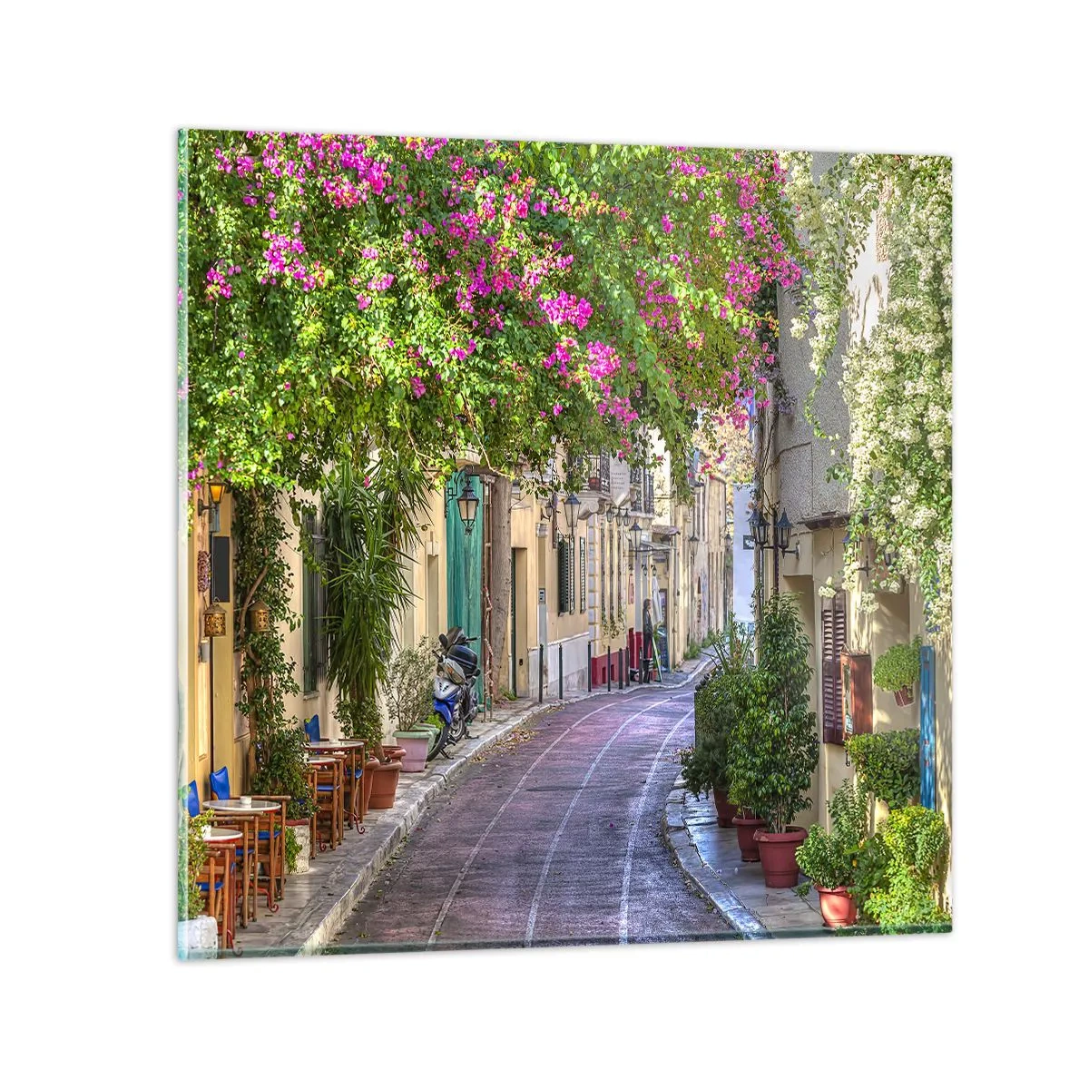 Glastavla - Bild på glas - Blommande gata - 60x60 cm