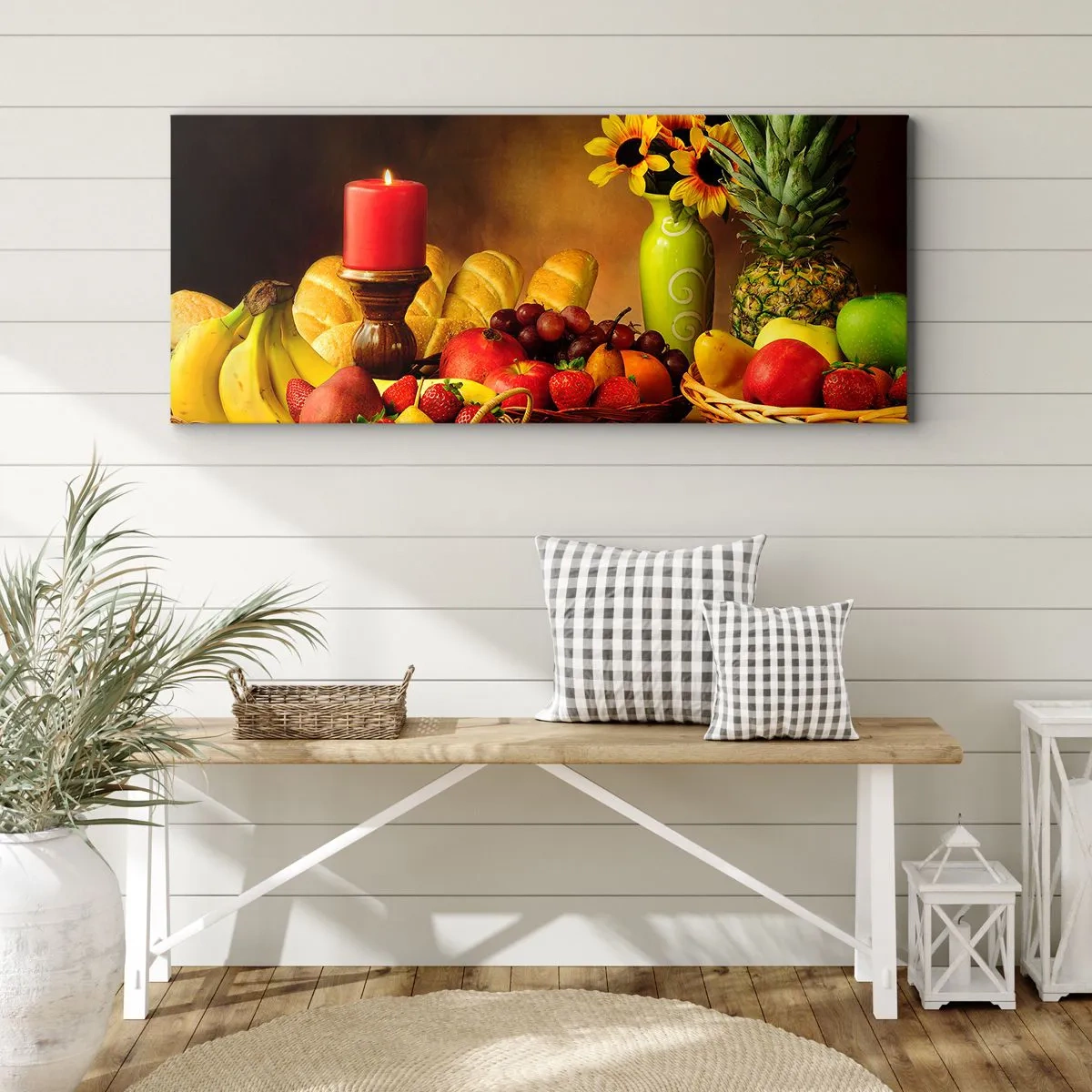 Canvastavla - Bild på duk - Stilleben med bröd och frukt - 140x50 cm
