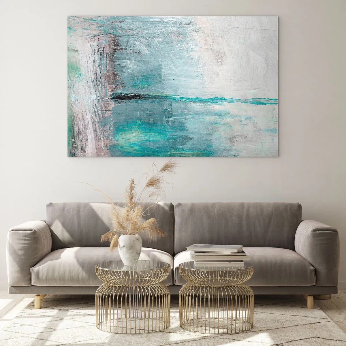Glastavla - Bild på glas - Abstrakt komposition i nyanser av blått och grått - 70x50cm - Horisontellt i blått - Modern väggdekoration för vardagsrum och sovrum ARTTOR