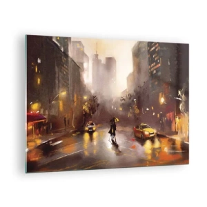 Glastavla - Bild på glas - Stad på natten i regnet med taxibilar och silhuetten av ett par - 70x50cm - I New Yorks ljus - Modern väggdekoration för vardagsrum och sovrum ARTTOR