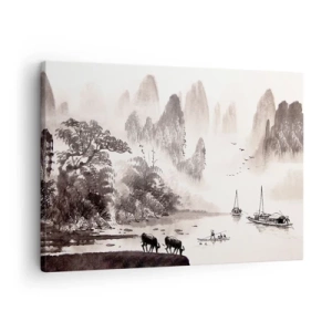 Canvastavla - Bild på duk - Ett pittoreskt landskap i asiatisk stil med dimmiga berg - 70x50cm - Österns exotiska vardag - Modern väggdekoration för vardagsrum och sovrum ARTTOR