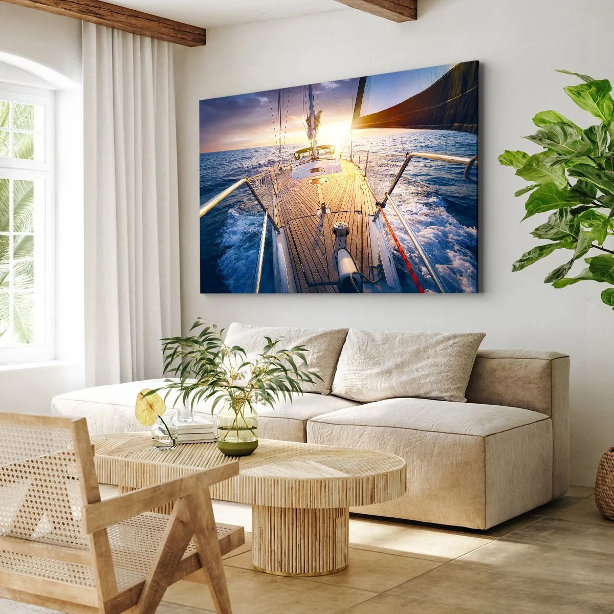 Canvastavla - Bild på duk - Yacht till sjöss under solnedgången - 70x50cm - Springa på vågorna - Modern väggdekoration för vardagsrum och sovrum ARTTOR