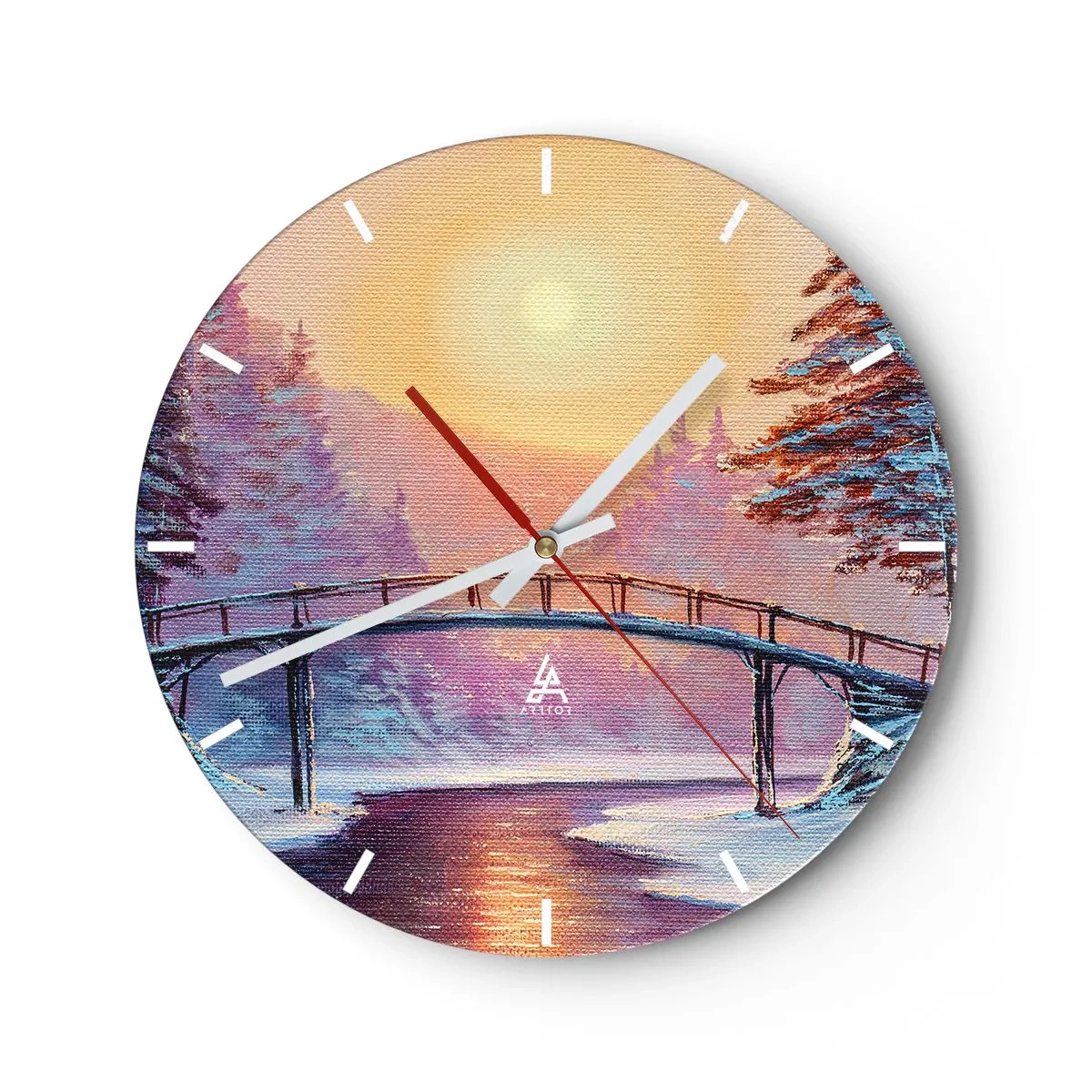 Väggklocka - Klocka på glas - En bro över en flod vid solnedgången i ett vinterlandskap - 30x30cm - De fyra årstiderna - vinter - Modern väggdekoration för vardagsrum, kök och sovrum ARTTOR