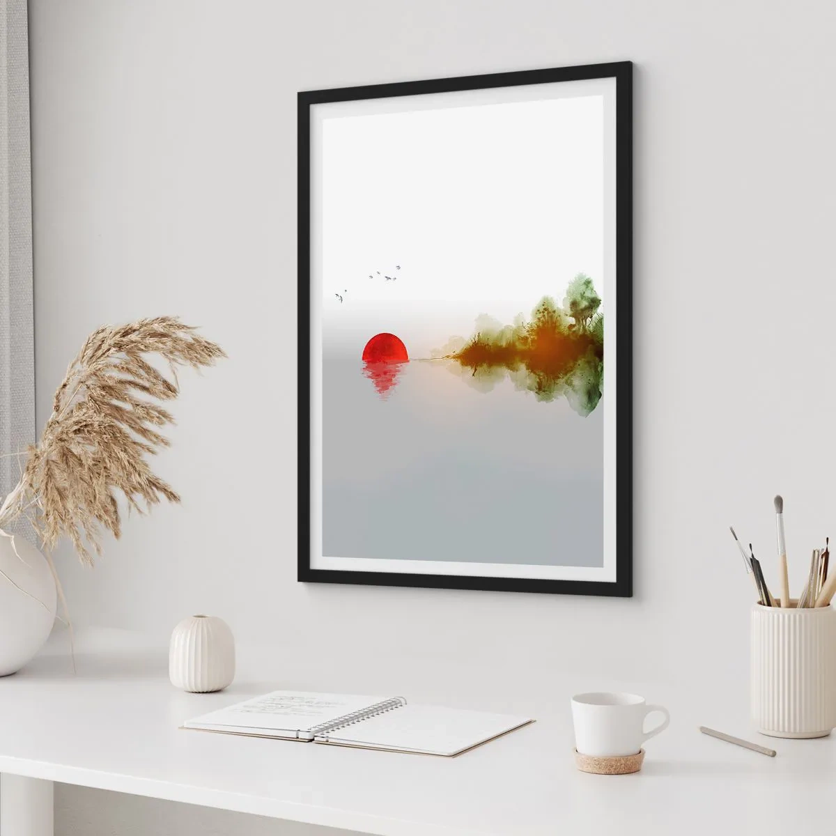 Affisch i svart ram - Ett minimalistiskt landskap med en röd sol och en sjö. - 50x70cm - Ett löfte om lugn - Modern väggdekoration för vardagsrum och sovrum ARTTOR