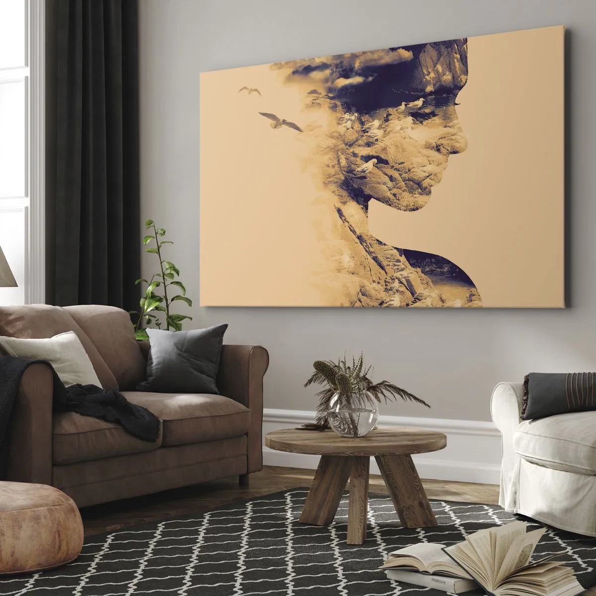 Canvastavla - Bild på duk - Profil av en kvinna med naturen i bakgrunden i varma toner - 70x50cm - Skön av naturen - Modern väggdekoration för vardagsrum och sovrum ARTTOR